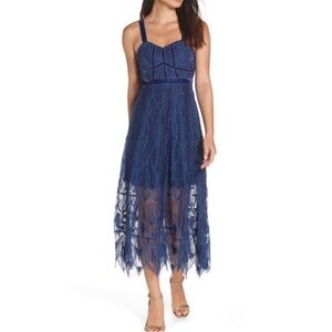 FoxieDox Blue Maisie All Lace Velvet Trim Sleeveless A Line Midi Dress NWT 14